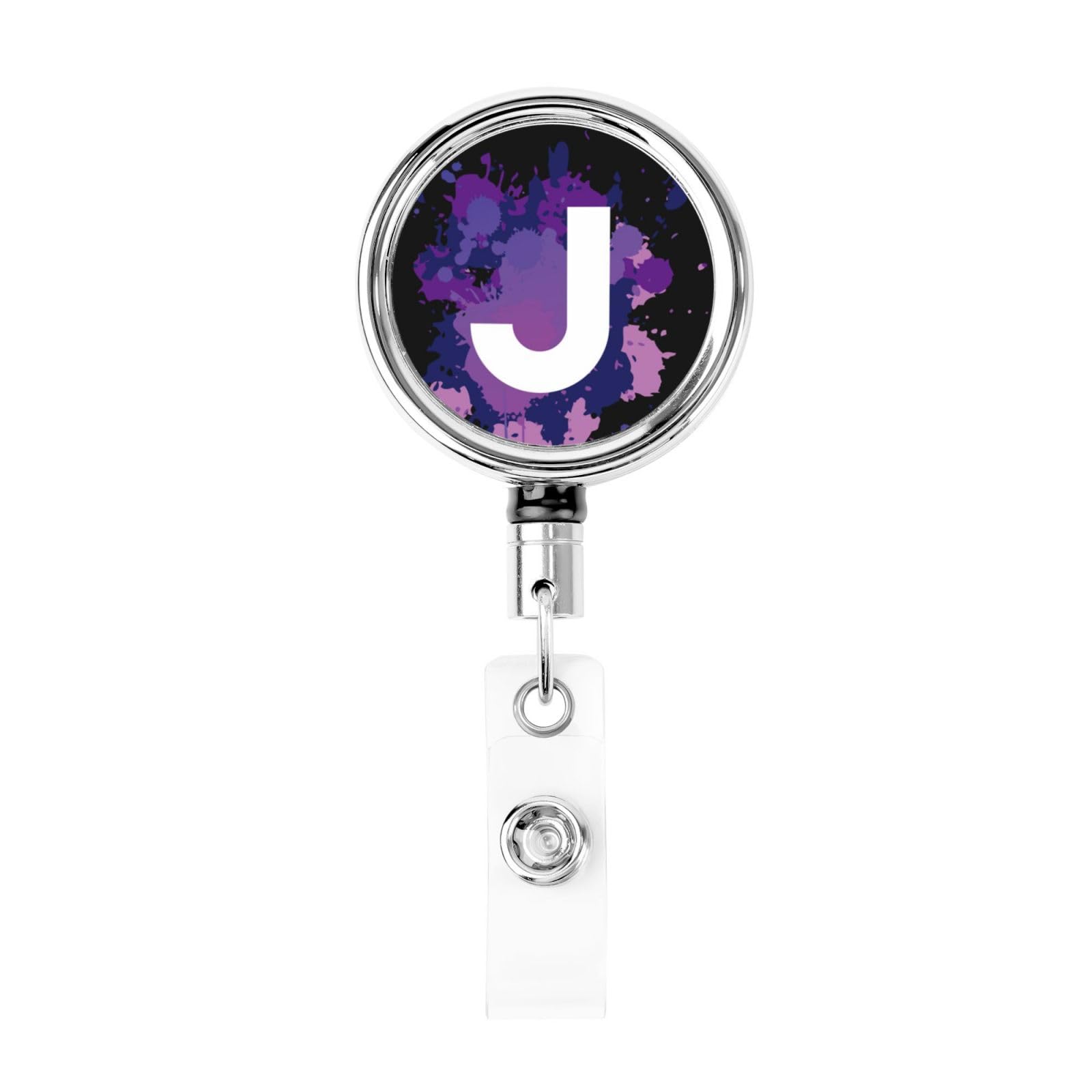 Initial Retractable Badge Holder, Colorful Badge Key Chain with Belt Clip, Metal ID Card Holder with Badge Reel for Nurse, Volunteer, Teacher, Student, Office, Splatter Letter J