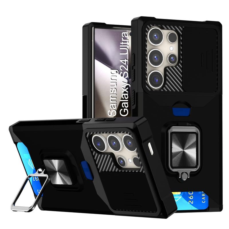 Image of LuxuryKase Shockproof Armor Case for Samsung Galaxy S24 Ultra | Slide Camera Cover | Hidden Card Slot | Rotating Ring Kickstand | Magnetic Car Mount Support | Military Grade Protection - Black