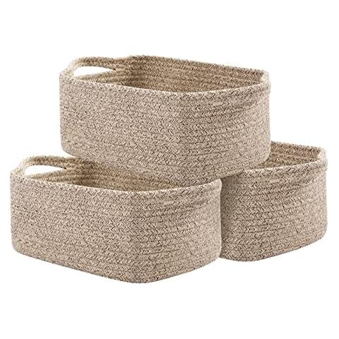 OIAHOMY Cotton Rope Baskets, Woven Baskets for Storage, Nursery Storage Baskets, Rectangle Storage Basket with Handles, Storage Baskets for Shelves, Pack of 3, Brown Variegated Cover