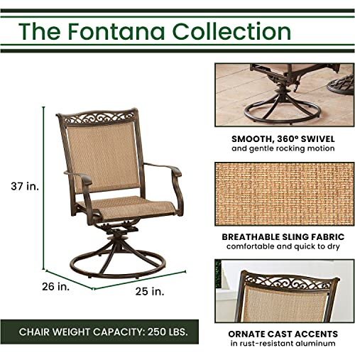 Hanover Fontana 5-Piece Outdoor Dining Set with 4 Sling Swivel Rocker Chairs and 51\" Round Tile-Top Table in Brushed Bronze Finish, Patio Dining Set for 4