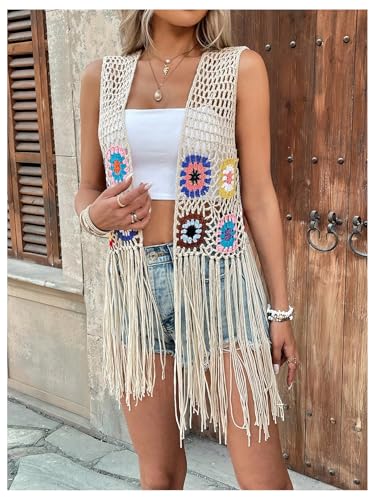 GORGLITTER Women's Fringe Vest Crochet Patchwork Sleeveless Open Front Vintage Cardigan3