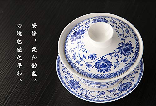 Image of Liang baobao Traditional Gaiwan Tea Set with Lid and Saucer Blue Lotus Design Tea Cup Flower Porcelain Teacups 10oz