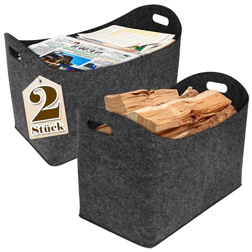 Suusolny 2PCS Holztasche aus Filz Holzkorb für Kaminholz Feuerholzkorb mit Griff für Brennholz & Zeitungen Kaminholzkorb Faltbar Brennholzkorb Multifuktionale für Einkaufen Spielzeug - Dunkelgrau