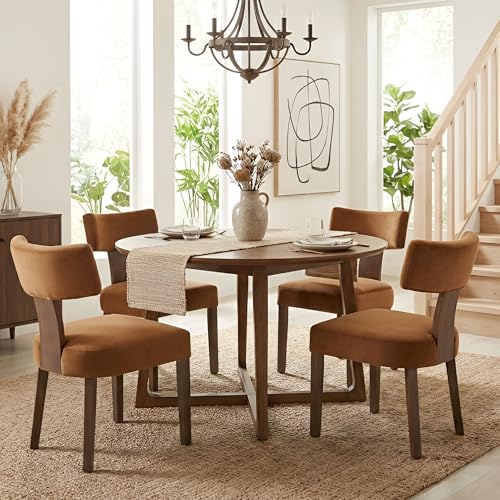 Image of HNY Mid Century Modern Dining Chairs, Velvet Fabric Farmhouse Upholstered and Curved Backrest Kitchen Accent Chairs Set of 4, with Hardwood Frame, Burnt Caramel