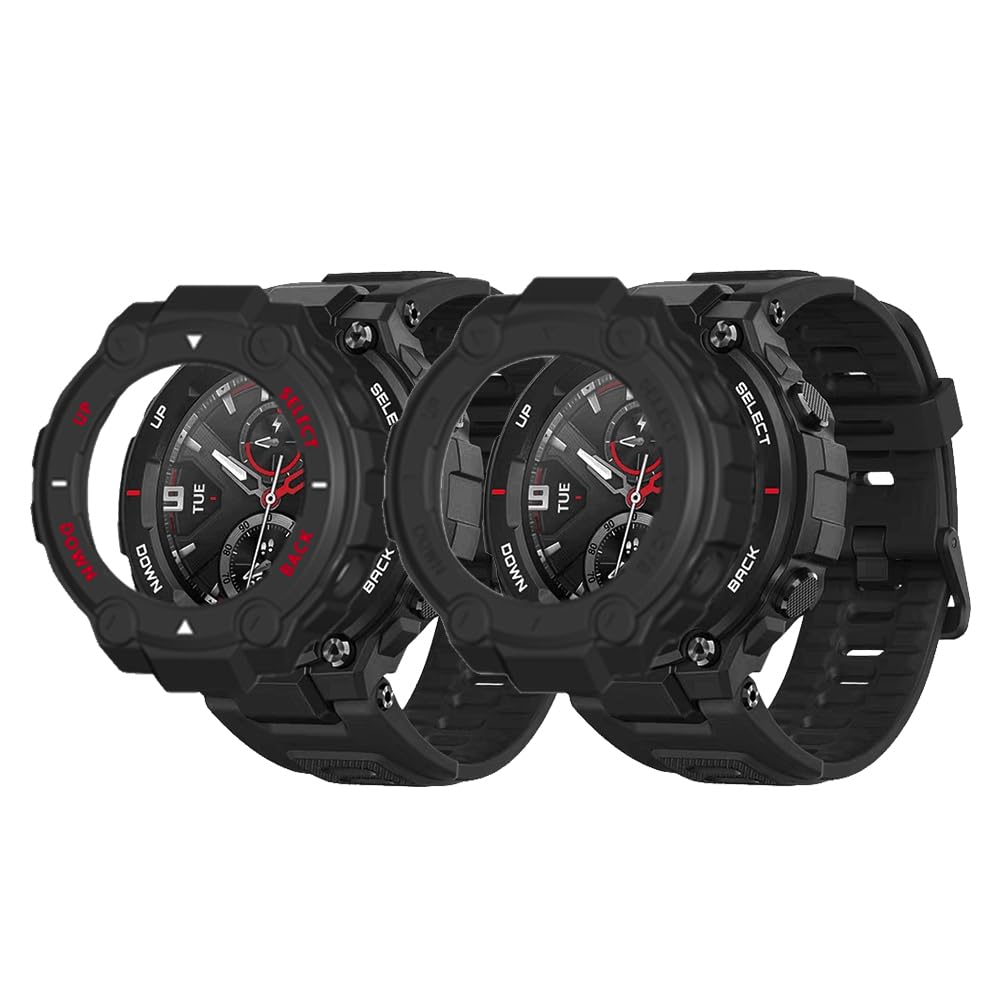 Case [2-Pieces] Compatible with Amazfit T-Rex/T-Rex Pro, Anti-Shock Case, Full Protection Flexible TPU Anti-Scratch Protective Case for Amazfit T-Rex/T-Rex Pro - Black+Black