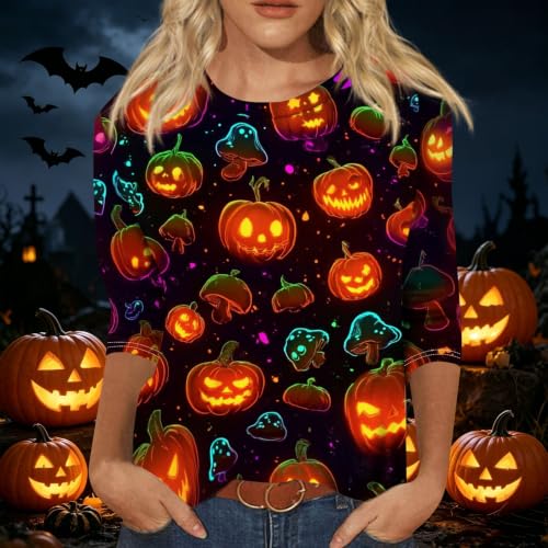 Image of Women Spooky Halloween Graphic Shirt 3 /4 Length Sleeve Crewneck Top | Halloween Funny Printed Pumpkin Plus Size Tshirts 2026 Fall Outfits Skeleton Tee Going Out Tops