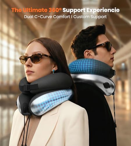 Image of Neck Pillow for Traveling, Travel Pillows for Airplanes, Adjustable Neck Pillow Airplane Travel Essentials - 2 Layer Patented | Inflatable Air Loop & Memory Foam for 360 Ergonomic Support