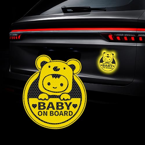 Image of 2PCS Baby On Board Sticker for Cars,Reflective Baby in Car Safety Sign Decal for Rear, Side Windows, Bumpers- Bright Yellow, Durable (Bear)