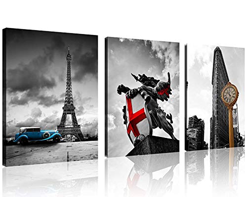 Tutubeer 3 Pcs Black And White Red Decor Eiffel Tower Blue Car Canvas Colorfull Europe Wall Art Red Black And White Wall Decor Wall Art Decor Canvas Framed Ready To Hang Holiday Decor #TOP9