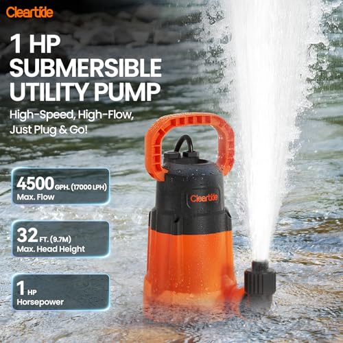 Image of Cleartide 1 HP Submersible Utility Water Pump, 4500 GPH Sump Pump, Portable Plug and Work for Pond, Garden Watering, Pool or Hot Tub Water Transfer