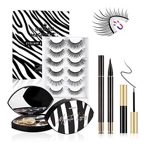 Magnetic Eyelashes with Eyeliner, Invisible Magnetic Mink Magnetic Lashes Kits with 2 Liquid Eyeliner 6 Reusable Waterproof False Eyelashes, Eyelash Tweezers, Best Magnetic Eyeliner for Daily, Party