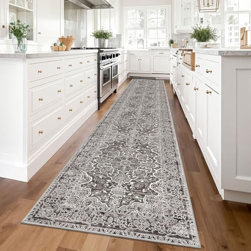 KUTA Vintage Medallion Washable Runner Rug 2.6x14, Non-Slip Hallway Kitchen Rugs Tan Grey with Rubber Backing, Ultra Soft Printed Floral Extra Long 14ft Carpet Runners Indoor for Stairs