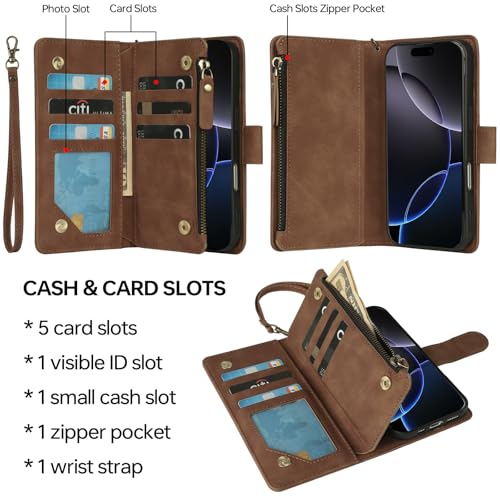 RANYOK Wallet Case for iPhone 16 Pro with RFID Blocking Card Holder, PU Leather Zipper Pocket Flip Folio Case for iPhone 16 Pro Case Wallet with Wrist Strap Kickstand Protective Case (Brown) by RANYOK - Image 3