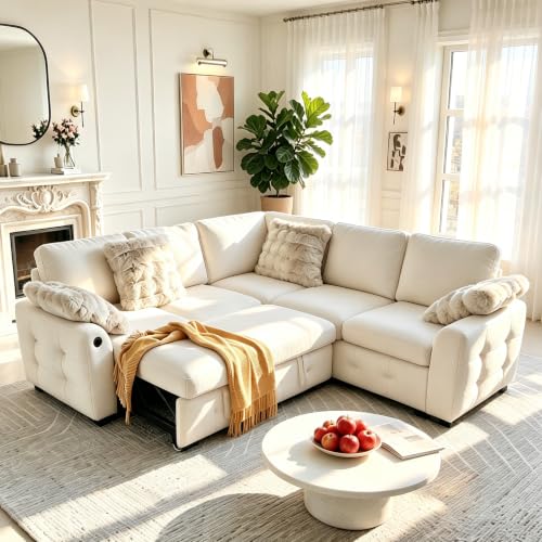 Hanherry Sectional Couch with Pull Out Sofa Bed,Chenille Sleeper Sofa with 2 Seat Storage & USB Charging,Comfy L Shaped Modular Couches for Living Room,Apartment