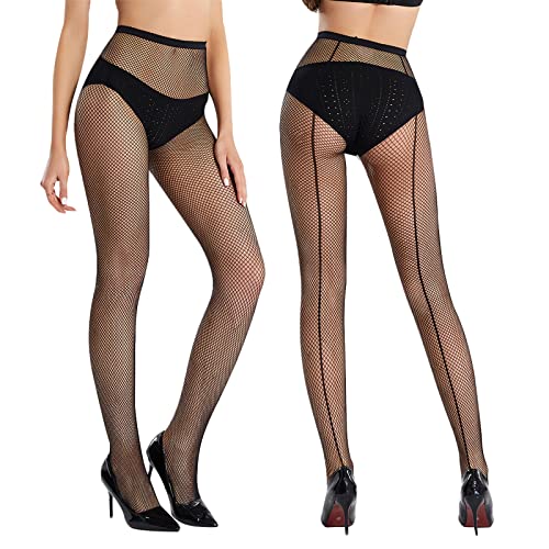Image of Sheer Patterned Fishnet Tights - 2 Pack Back Seam Lace Fish net Pantyhose High Waist, Hollow Mesh Stocking