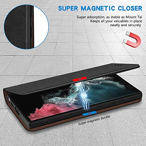 Image of ZZXX for Samsung Galaxy S22 Ultra Wallet Case with [RFID Blocking] Card Slot Stand Strong Magnetic Leather Flip Fold Protective Phone Case for Samsung Galaxy S22 Ultra Case Wallet(Black-6.8 inch)