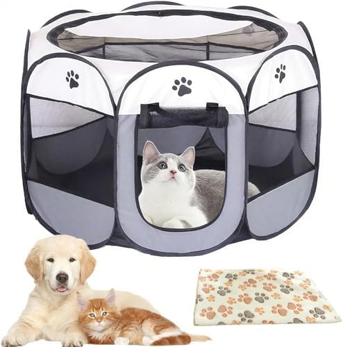 Corral para Mascotas Plegable (con manta)-Corral Portátil para Mascotas Pequeños - Corralito de Juegos para Mascotas Interior/Exterior-Carpa para Mascotas para Perros, Gatos y Conejos(73×73×43cm)