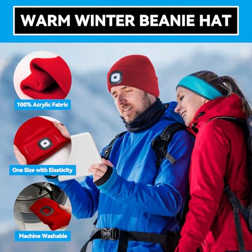 FFIPBGE Beanie Hats with Light, USB Rechargeable LED Hand Free Headlamp, Ideal for Camping, Hiking, Mens Gifts, Birthday Gifts for Men, Women, Dad, Him, Husband, Adventurer, 1 Pack, Red - image 4