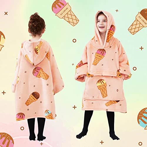 Image of KFUBUO Wearable Blanket Hoodie for Kids Sherpa Patterns Oversized Sweatshirt Blanket With Pocket 6-10 Year Old Girl Birthday Gifts Ice Cream