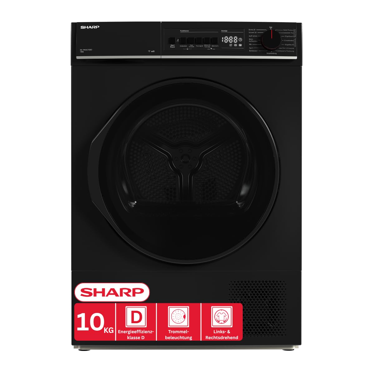 SHARP KD-PRO0S7GBD-DE Wärmepumpentrockner (10 kg, EEK D), (15 Trockenprogramme, 20 Min. Kurzprogramm, WiFi, Edelstahltrommel mit LED-Beleuchtung), Schwarz