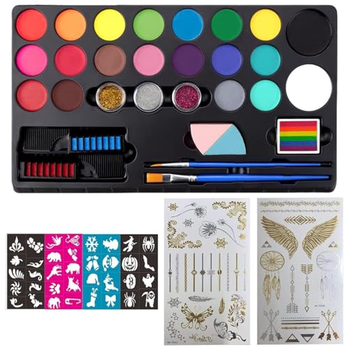 Image of Store2508 Face Body Paint Kit for Kids - 20 Colours Non-Toxic Water Based Face Painting Set with Glitter Hair Chalk Brushes Sponges Stencils and Tattoos - Safe Skin Friendly Washable Paints for Parties Festivals Halloween