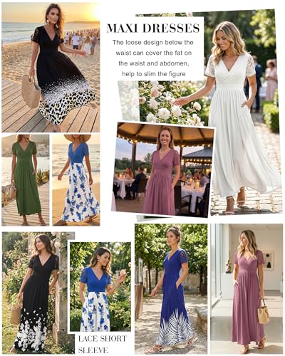 Image of AUSELILY Maxi Dresses for Women 2026 Lace Short Sleeve V Neck Wrap Long Dress with Pockets