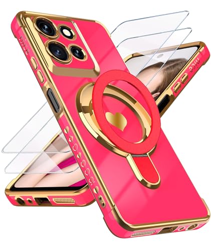 Liufcx Compatible with Motorola Moto G 5G 2025 Love Heart Kickstand Case with Screen Protector: Luxury Plated Gold Edge Slim Soft TPU Shockproof Protection Case Cover for Moto G 5G 2025 (Hot Pink)