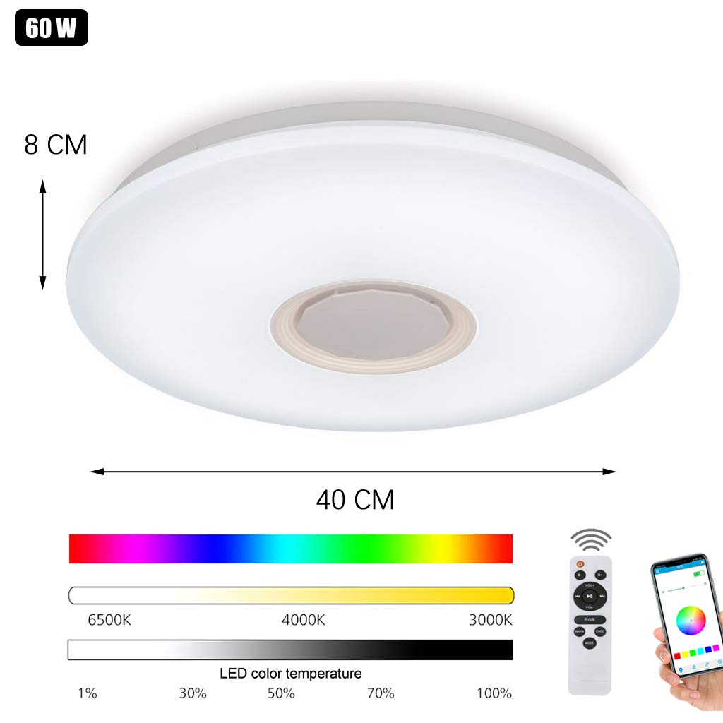Musica Plafoniera LED Con Altoparlante Bluetooth,60W Lampada Da Soffitto Soggiorno Dimmerabile Con Elecomando APP Comando,Cambia Colore RGB,Camera Da Letto Camera Dei Bambini Illuminazione,40cm
