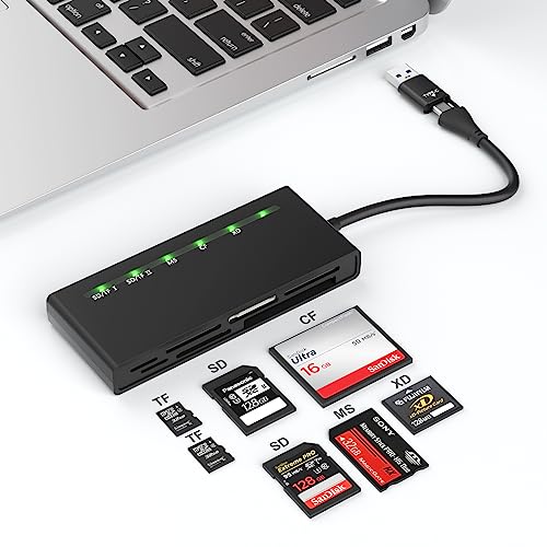 Lettore di schede multiple USB3.0, 7 in 1 USB e USB C 3.0 per SD TF Micro SD CF MS MMC Card, supporta 5Gbps ad alta velocità Lettore di schede SD/TF/Micro SD/CF/MS/XD Lettura simultanea di 5 schede