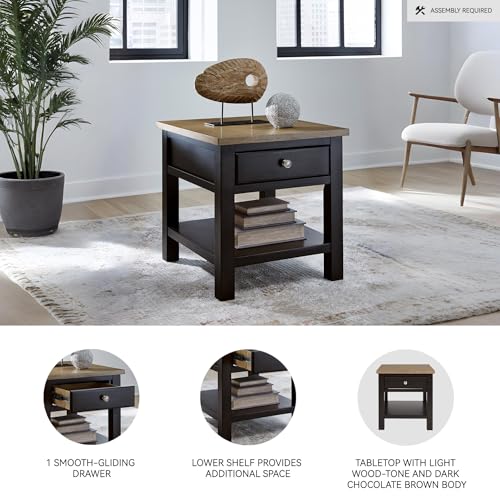 Image of Signature Design by Ashley Drazmine Casual End Table with 1 Lower Shelf, Light Brown & Black