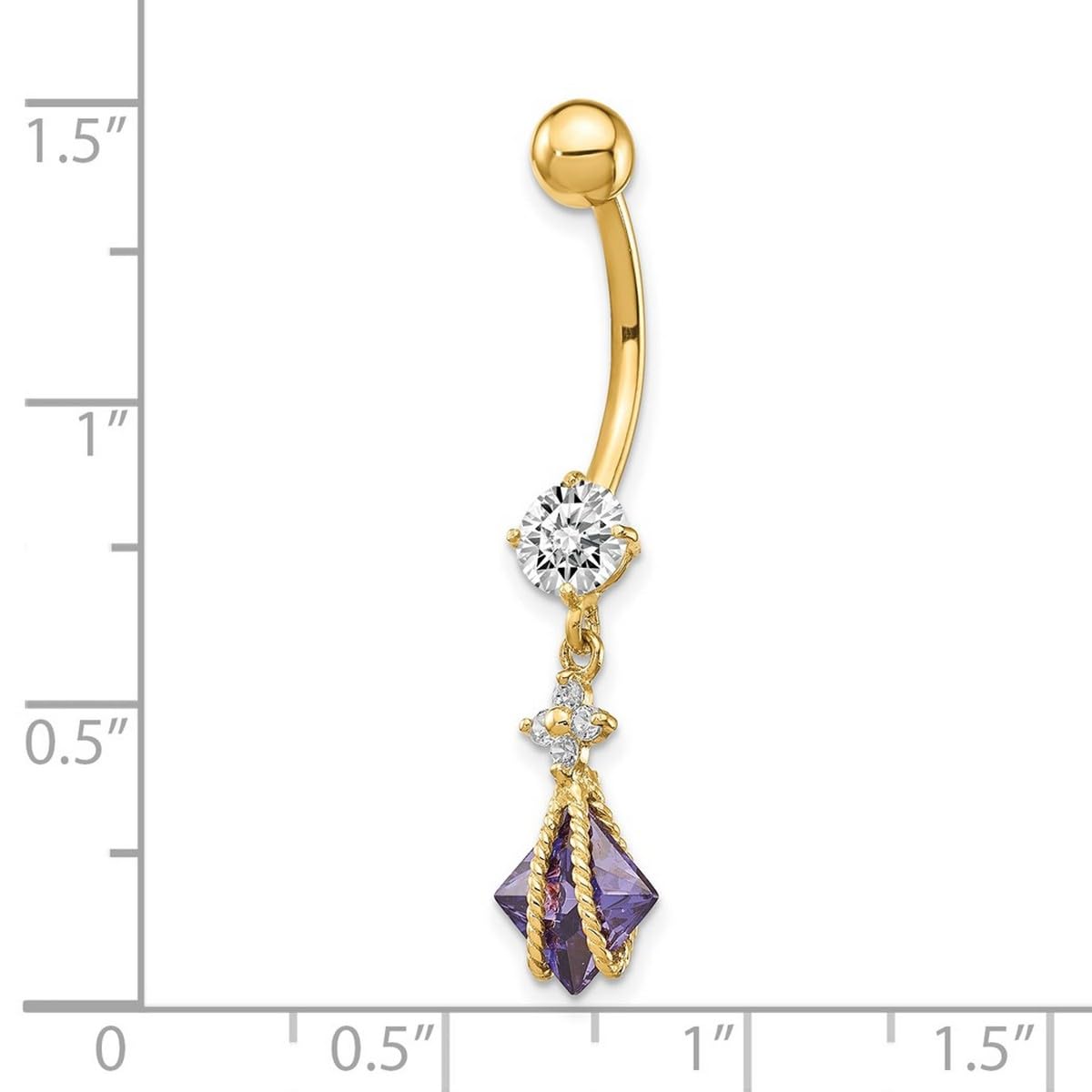 Bauchnabelring aus 10 Karat Gelbgold, strukturiert, poliert, offener Rücken, Schraubverschluss, 6 mm, Zirkonia, künstlicher Diamant, Schmuck für Frauen – Höhere Goldqualität als 9 Karat Gold