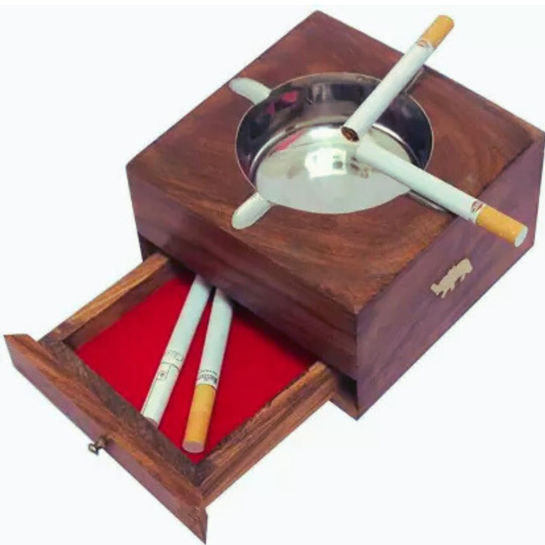 Sheesham Wood Ash Tray with Storage Box – Handcrafted Wooden Cigarette Holder with Brass Inlay & Removable Steel Tray | Elegant Smoking Accessory for Home, Office & Gifting-image-4