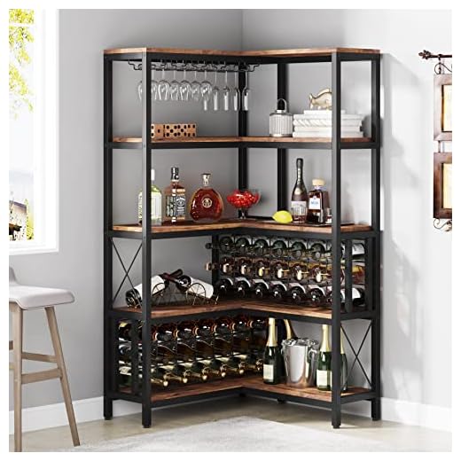 Tribesigns Large Corner Wine Rack, 5-Tier L Shaped Industrial Freestanding Floor Bar Cabinets for Liquor and Glasses Storage, Wooden Wine Bottle Holder Shelf for Home Kitchen (Rustic Brown)