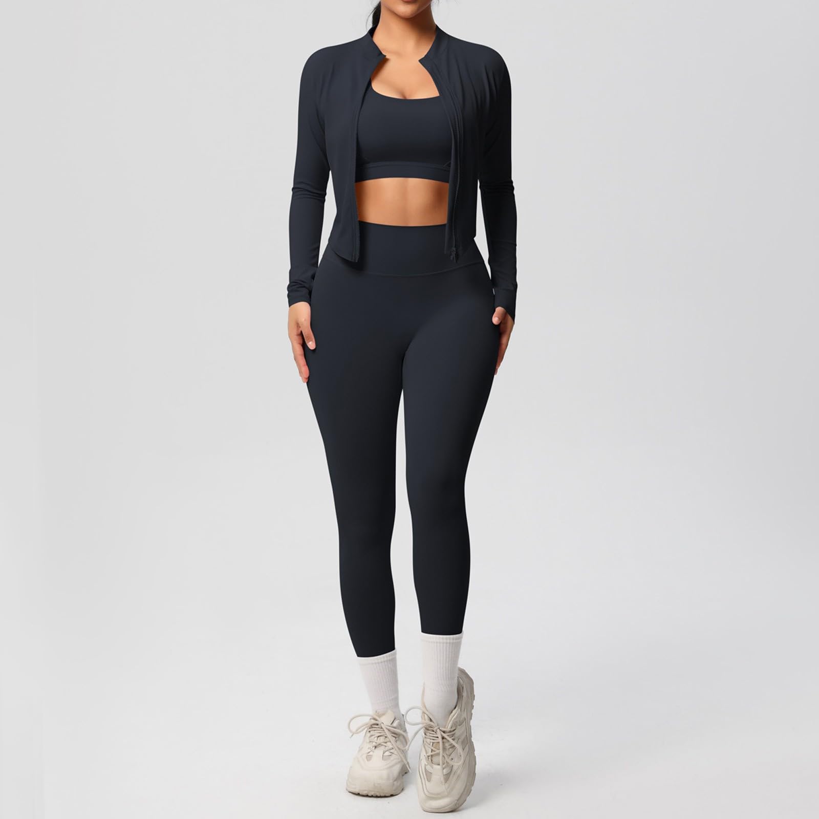 Generico Set di Abbigliamento Sportivo Donna Completo Palestra 3 Pezzi Reggiseno Sportiva e Leggins Anticellulite Push Up e Fitness Giacca con Zip Tuta Yoga Completa Gym Jogging