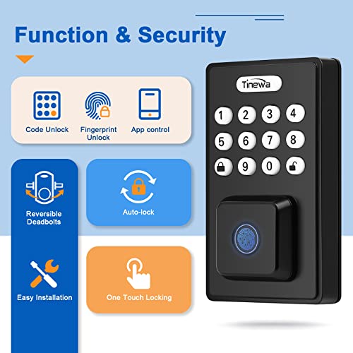 Tinewa Fingerprint Door Lock Set, Keyless Entry Door Lock, Front Door Handle Sets For Home & Apartments, Electronic Keypad Deadbolt With Lever Handle, 2 Keys, Auto Lock, Black #TOP1