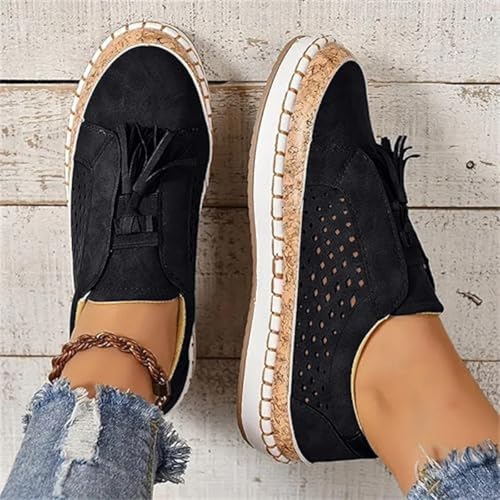 Women's Autumn Low Heel Round Toe Breathable Sneakers,Retro Trendy Slip-on Hollow Out Flat Shoes,Casual Comfort Work Shoes (Black, Adulte, Femme, 40, Numérique, Système Taille Chaussures EU, Moyen)