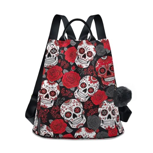 Sac à dos amusant fleurs squelettes avec zip au dos et poignée en cuir pour votre quotidien
