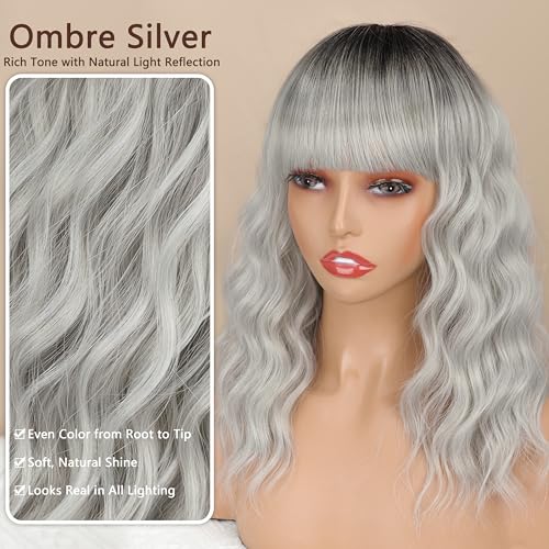 Image of Nnzes Silver Wigs for Women,Synthetic Short Curly Wig with Bangs 16 Inch | Natural-looking heat-resistant fiber, soft comfortable wear, beginner-friendly for daily, party & cosplay.