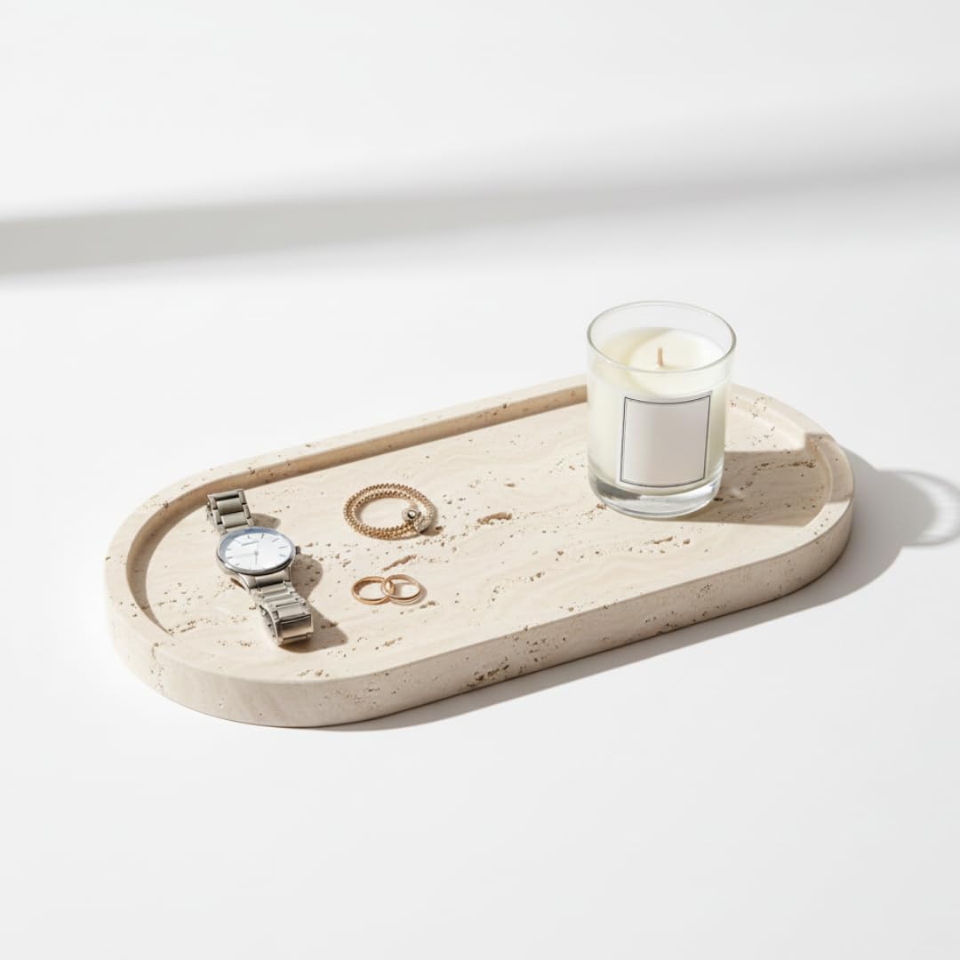 Decorative Travertine Marble Vanity Tray Countertop Organizer for Perfume & Candles, Jewelry Dish Ring Holder for Bathroom Counter, Vanity, Dresser