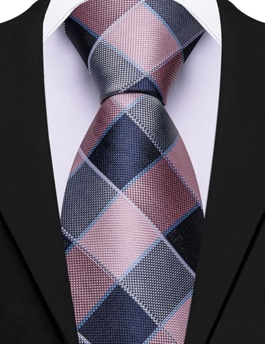 Image of Barry.Wang Plaid Ties Mens Silk Necktie and Tie Clip Checkered Tie for Wedding Party Business Formal