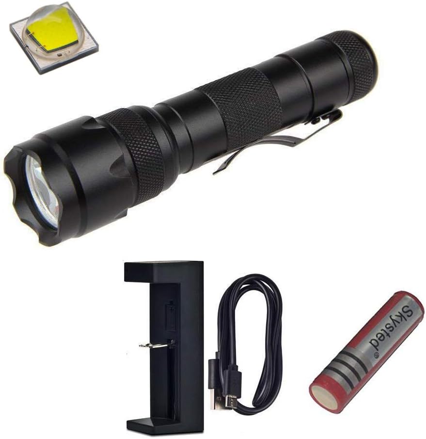 Skysted WF-502B Single Mode Tactical Clip Flashlight Kit,1200 Lumens CREE XM-L2 U3 LED,with 18650 Battery and USB Charger,Best Torch for Camping, Hiking, Emergency & EDC