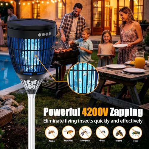 Image of Rossetta Solar Bug Zapper Outdoor, Fly Zapper with Flame & Projector Light | 4200V Shock Grid, Solar & USB Charging, IPX5 Waterproof, Auto Mode, Cordless Electric Mosquito Killer for Patio, Garden
