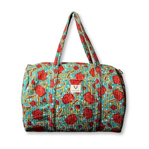 Quilted Cotton Travel Duffel Bag Weekender Short Trip Reinforced Stitching Gift for Her (Rosey Meadow)