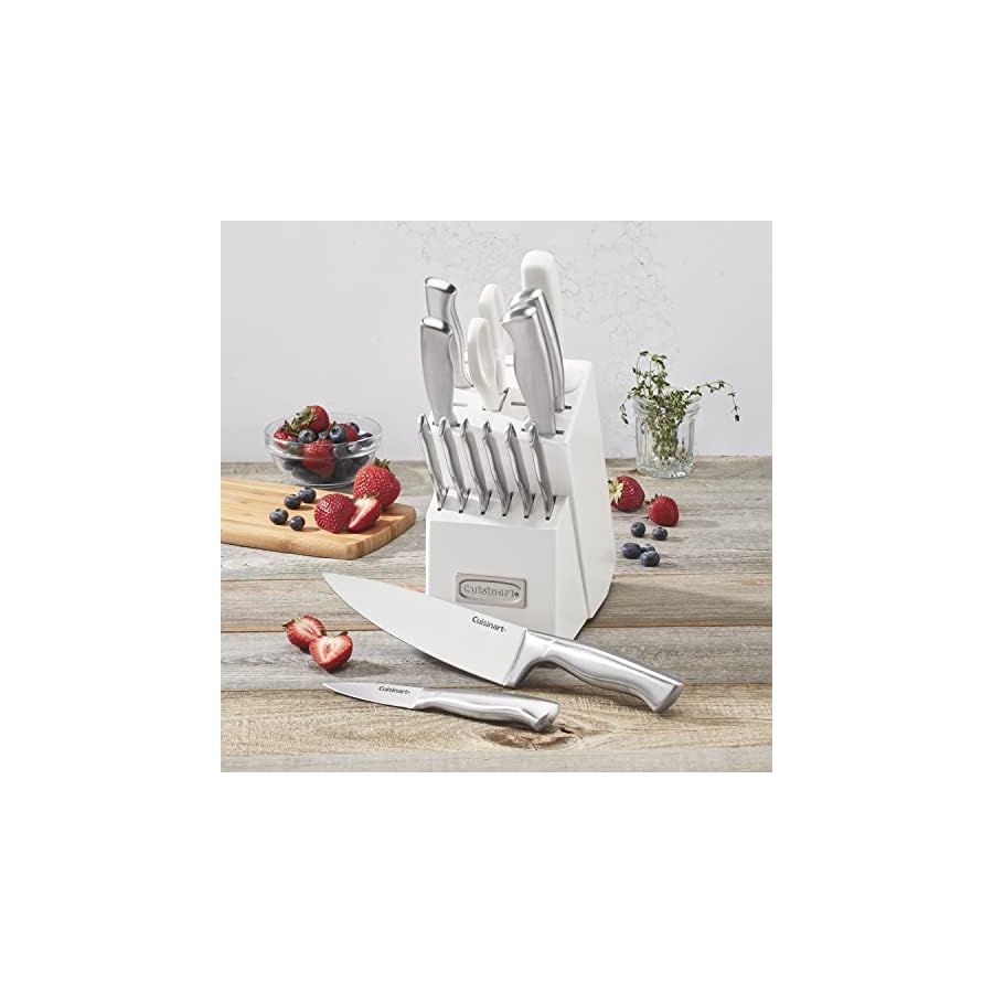 Cuisinart Block Knife Set, 15pc Cutlery Knife Set with Steel Blades for Precise Cutting, Lightweight, Stainless Steel Durable & Dishwasher Safe, White