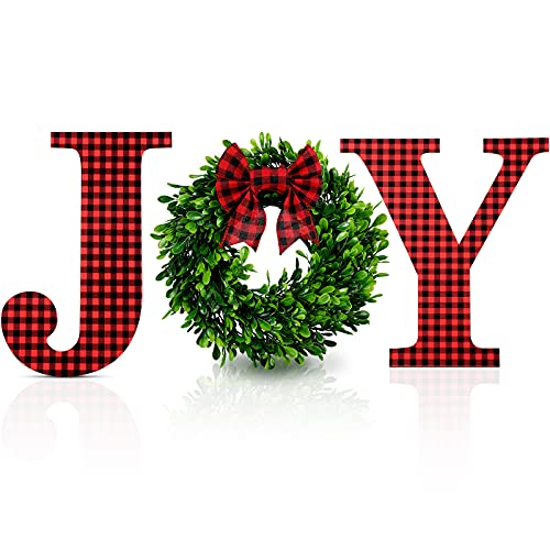 12 Inch Christmas Joy Home Sign - Wooden Wall Decor With Buffalo Plaid Hanging Letter and Faux Green Farmhouse Wreath - Large Indoor Outdoor Decoration With Plaid Bow (Red-Black)