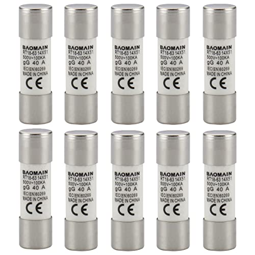 Baomain Fuse Link Rt18-63 (Ro16 Rt14 Rt19) 40A Cylindrical Ceramic Tube 14X51Mm 500V Ce Tüv Listed 10 Pack #TOP8
