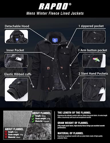 Image of Rapoo Men's Winter Jacket Cotton Work Military Jackets Fleece Lined Thick Warm Cargo Coats with Hooded