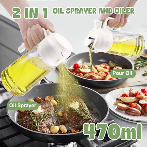 Puwowye Spruzzino Per Olio 470Ml, 2 E 1 Olio Spray Cucina, Oliera Spray Multifunzionale, Spruzzatore Olio Per Cucinare, Grigliare, Insalate, Completo Pennello Cucina E Scovolino Bottiglie, Bianco - 2