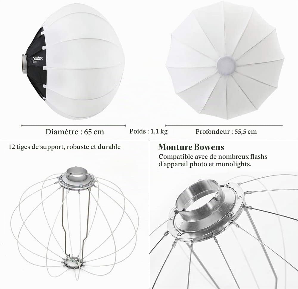Godox Lanterne Softbox 65 cm (26") Globe softbox avec support Bowens étend la compatibilité pour lumière LED, flash de studio, flash mono et autres (CS65D)