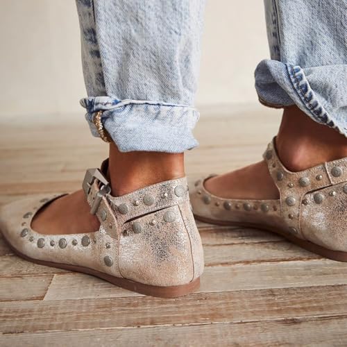 Agodor Ballet Flats for Women Stud Mary Jane Shoes Women Flats Square Toe Buckle Ankle Strap Comfy Bling Metallic Ballerina Dress Shoes4